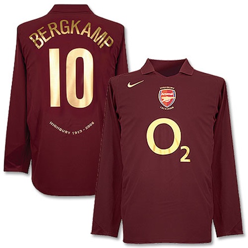 Camiseta de Arsenal local rojo oscuro (borgoña) de 2005-2006, Bergkamp retro
