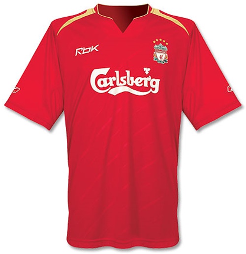 Camiseta de Liverpool local rojo, amarillo y blanco de 2005-2006