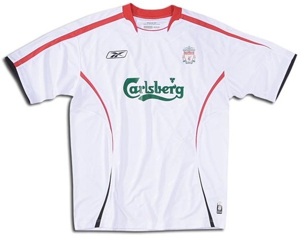 Camiseta de Liverpool visitante blanco y rojo de 2005-2006