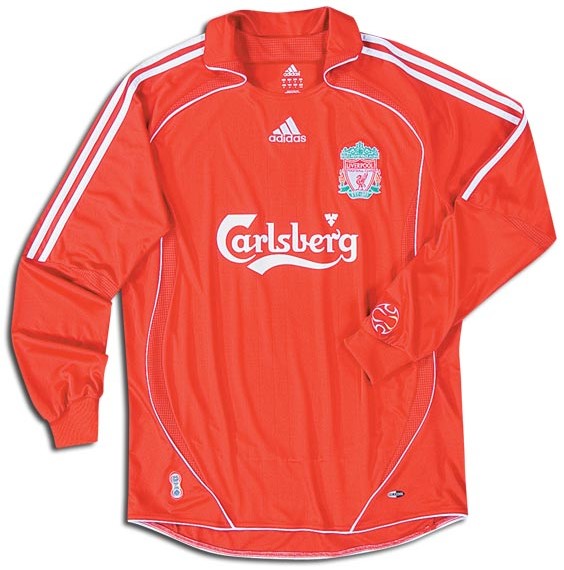 Camiseta de Liverpool local rojo y blanco de 2006-2007, manga larga