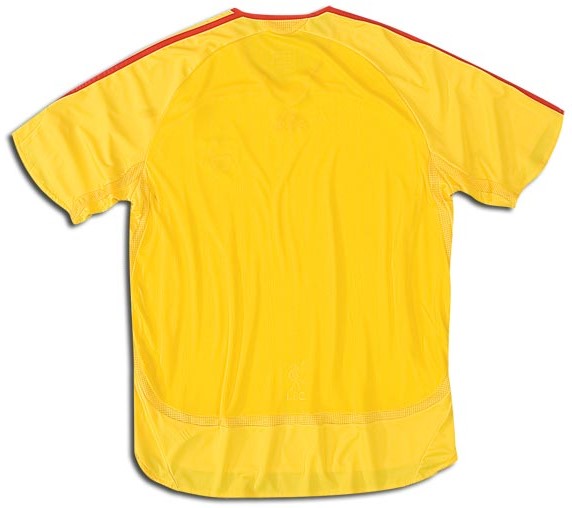 Camiseta de Liverpool visitante amarillo y rojo de 2006-2007, vista espalda