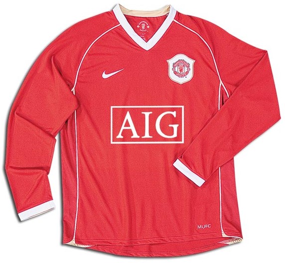 Camiseta de Manchester United local rojo y blanco de 2006-2007, manga larga