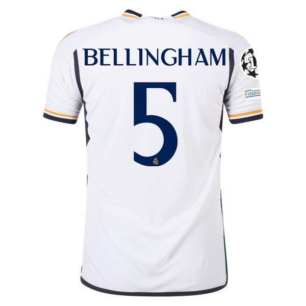 Camiseta de Real Madrid CF local blanco, oro y azul marino de 2023-2024, Jude Bellingham, vista espalda